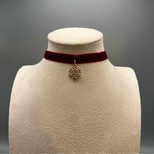 Snowflake Choker, Red Velvet Ribbon with Gold Pendant